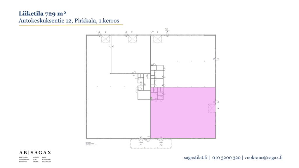 Pohjapiirros vuokrattavasta liiketilasta Autokeskuksentie 12:ssa Pirkkalan Linnakalliossa